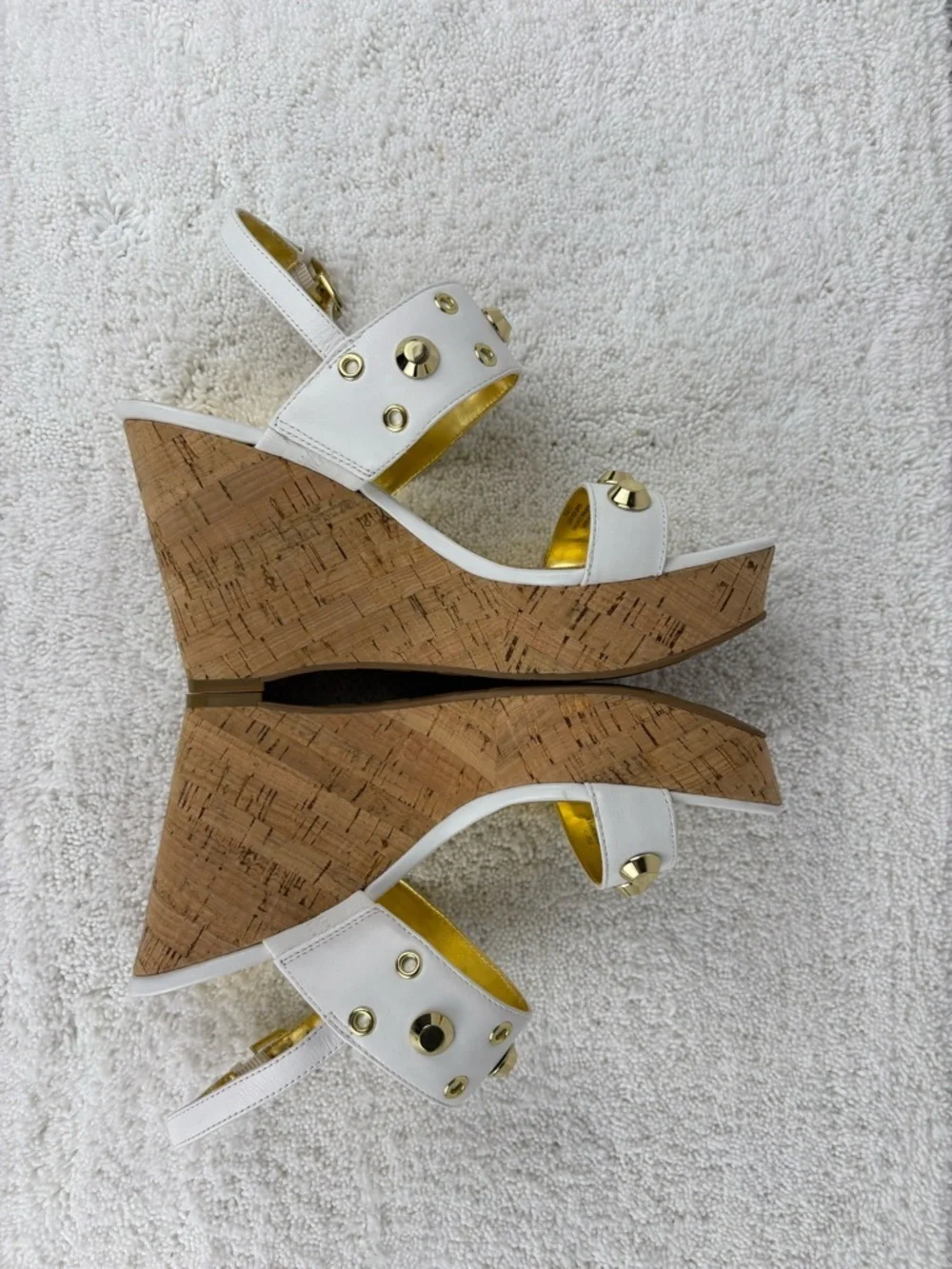 Ivanka Trump Gitty Wedge Sandals-White Leather Straps with Gold-Tone Hardware